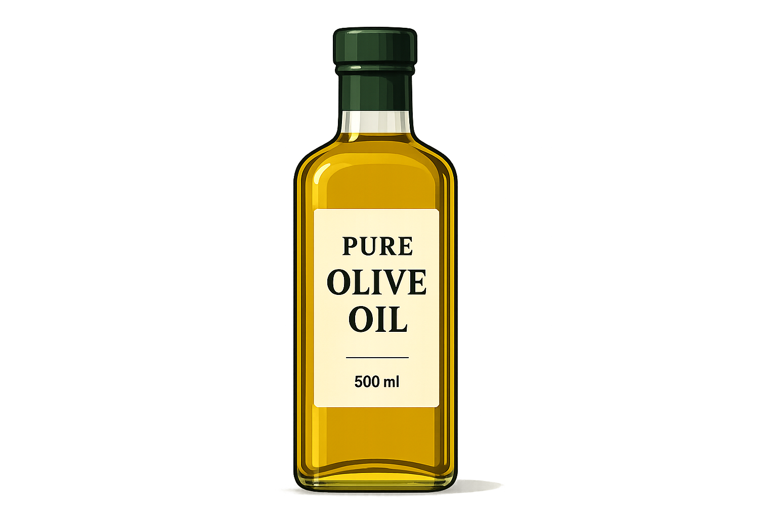 a 500ml bottle of Pure Olive Oil with a transparent background in a graphic design style.