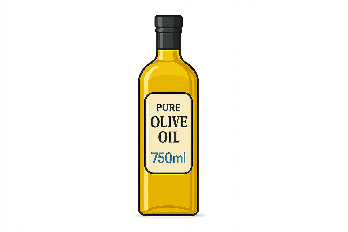 a 750ml bottle of Pure Olive Oil in a graphic design style, withe a transparent background. Colour the "750ml" font bright blue.