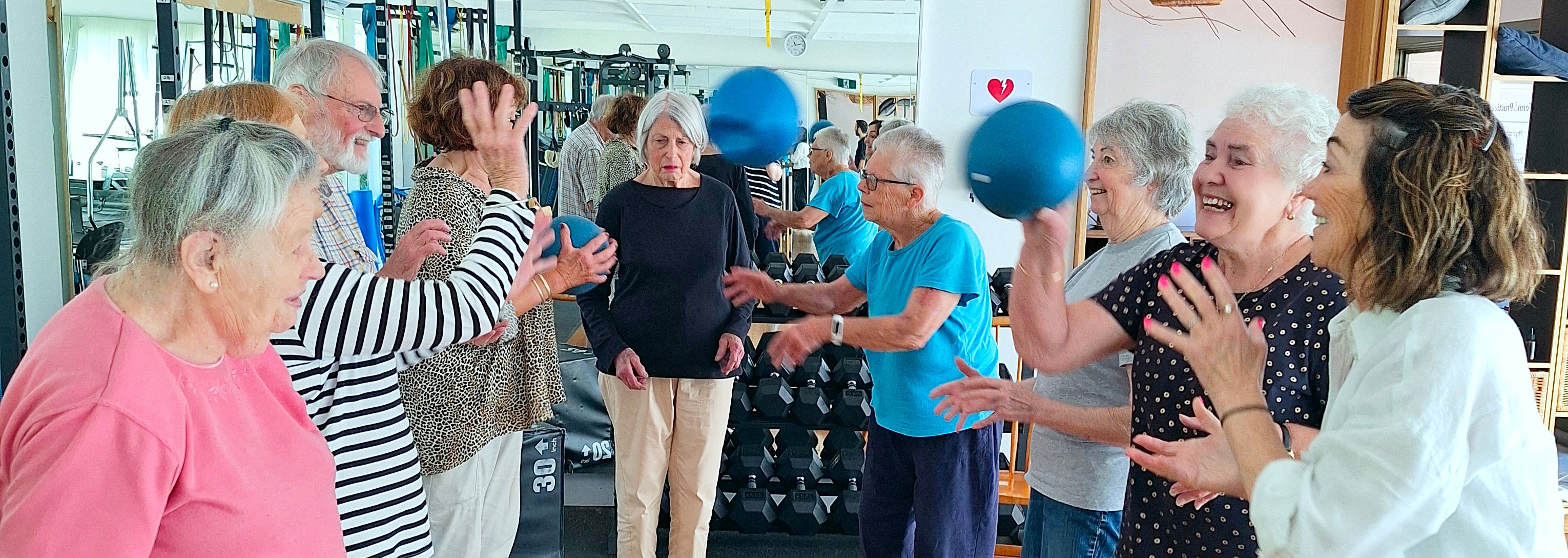 Group of elderly people exercising with medicine balls in a gym setting