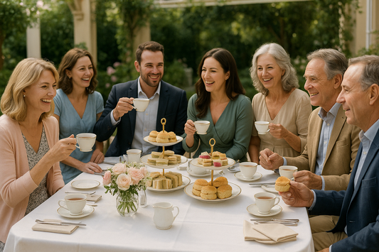 create an image of adults, men and women, celebrating a Grand Afternoon Tea Party event.